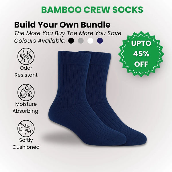 Bamboo Crew Socks in navy, featuring odor resistance and moisture absorption, perfect for daily wear. Build Your Own Bundle.