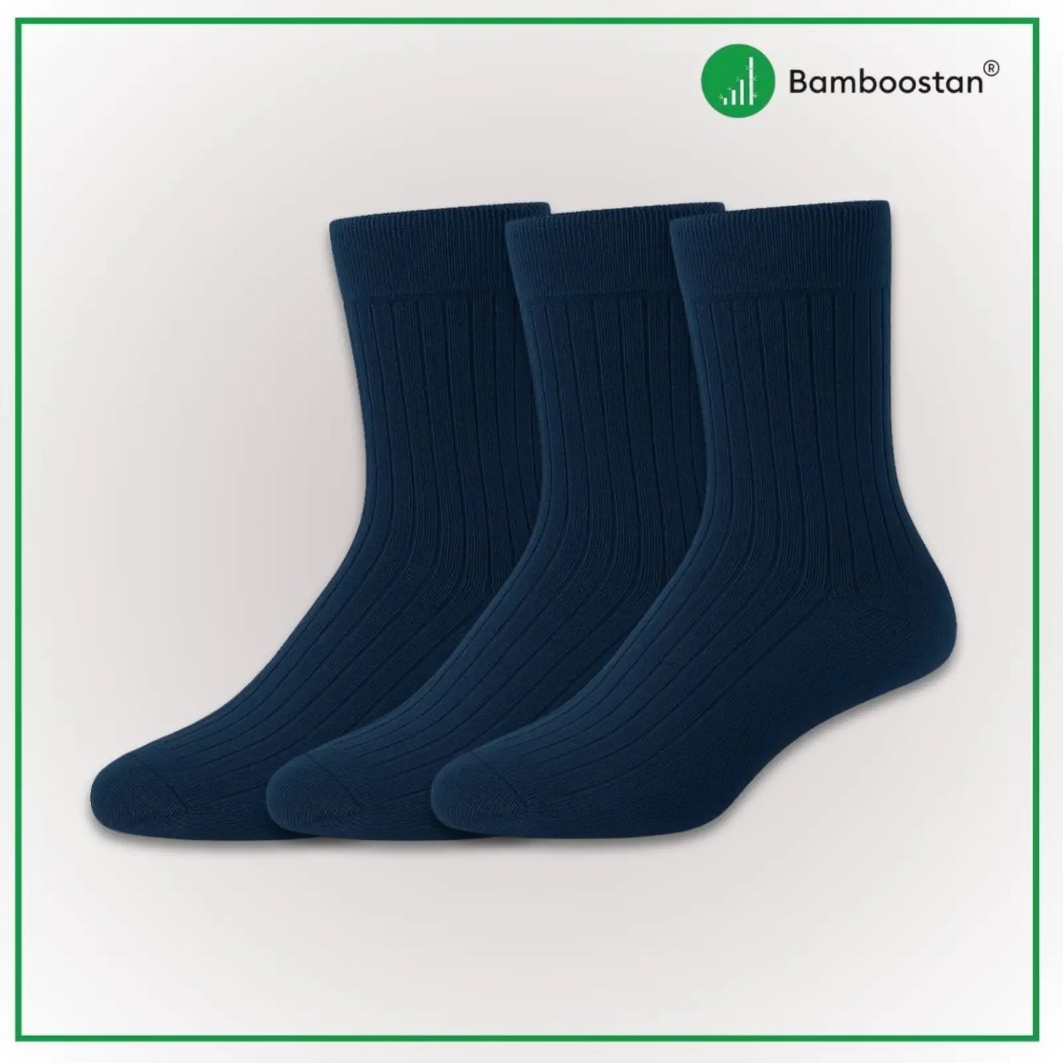 Three pairs of dark blue bamboo socks on a light gray background with 'Bamboostan' branding.