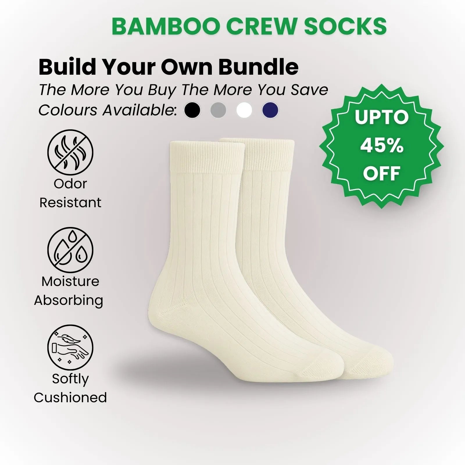 Bamboo Crew Socks - Build Your Own Bundle, odor resistant, moisture absorbing, softly cushioned, available in multiple colors.