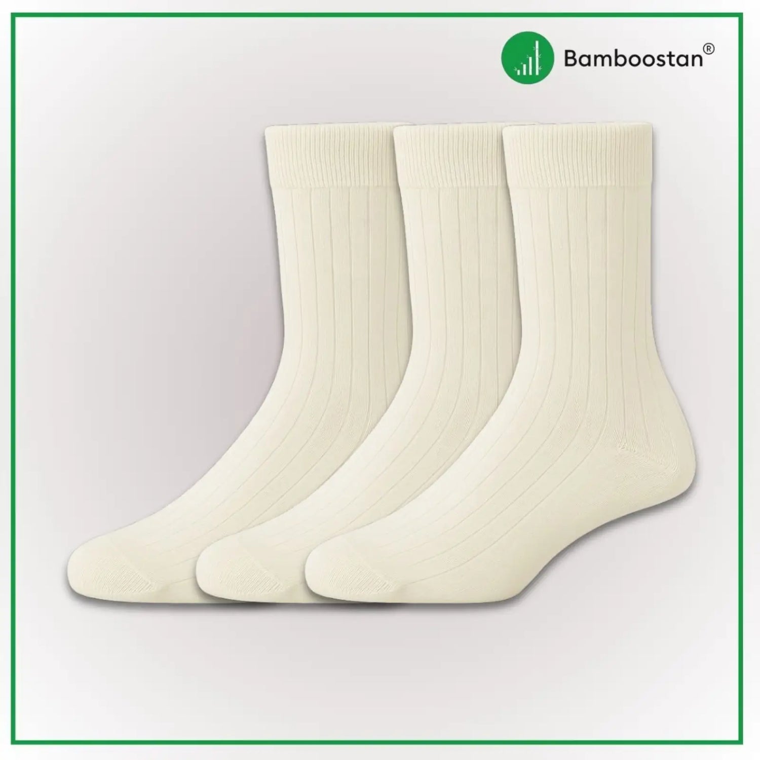 Three pairs of white bamboo socks on a light gray background with 'Bamboostan' branding.