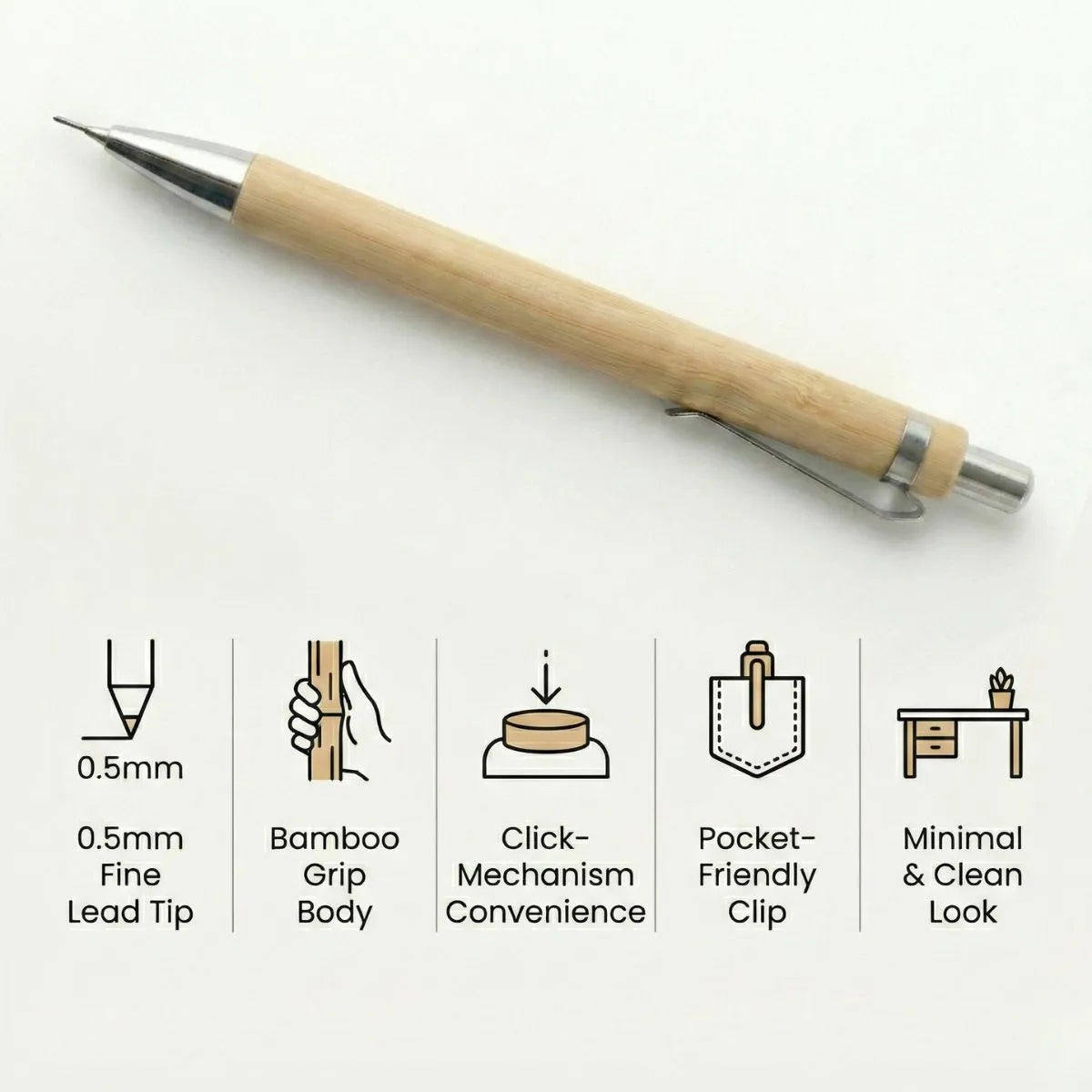 Bamboo Mechanical Pencil with 0.5mm fine lead tip and click mechanism, showcasing a minimal and clean design.