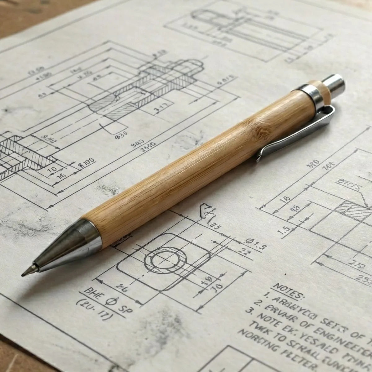 Bamboo Mechanical Pencil on engineering blueprints, perfect for sketching and everyday writing.