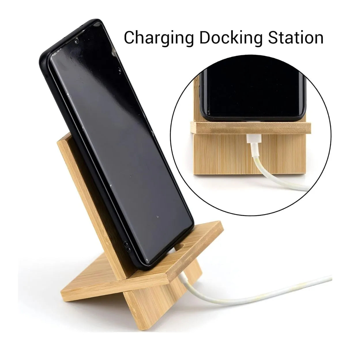 Bamboo Phone Stand featuring a charging docking station with a smartphone placed on it.