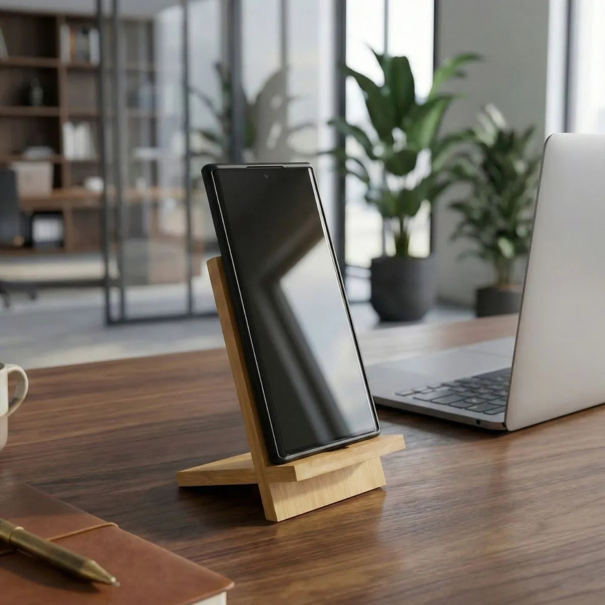 Bamboo Phone Stand holding a smartphone on a modern desk with laptop and plants in the background.
