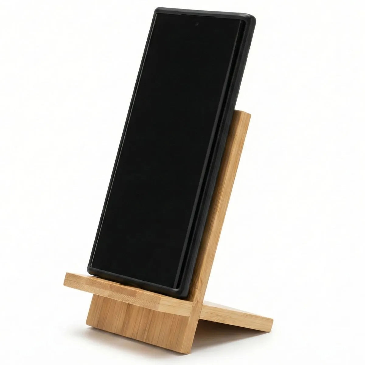 Bamboo Phone Stand showcasing a sleek design holding a smartphone at an optimal viewing angle.