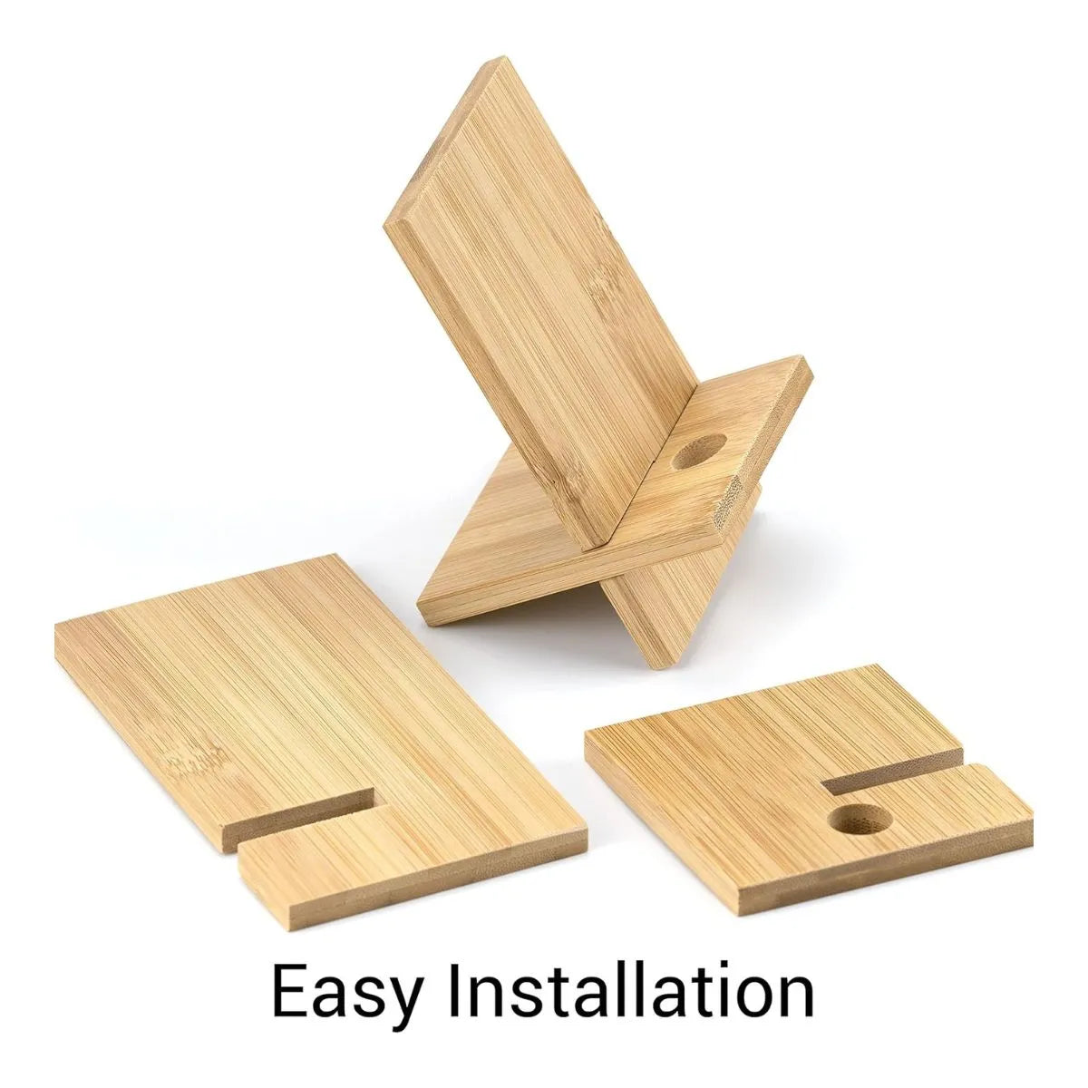 Bamboo Phone Stand components showing easy installation features and modern minimalist design.