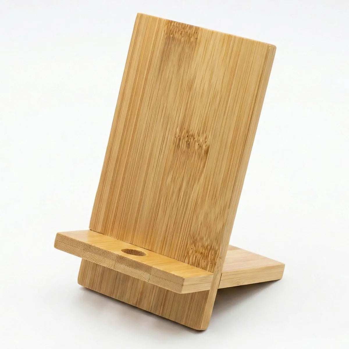 Bamboo Phone Stand featuring a minimalist design for holding smartphones at a comfortable angle.