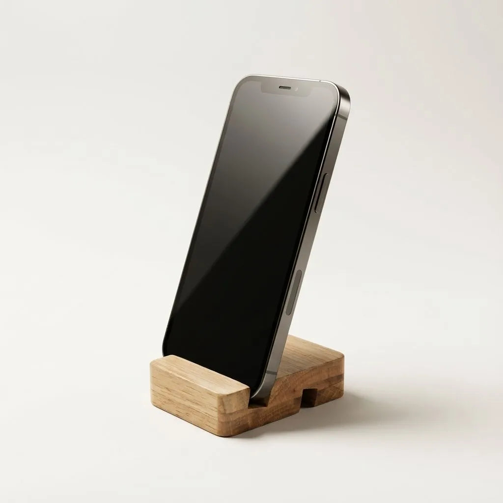 Smartphone on a bamboo stand against a white background