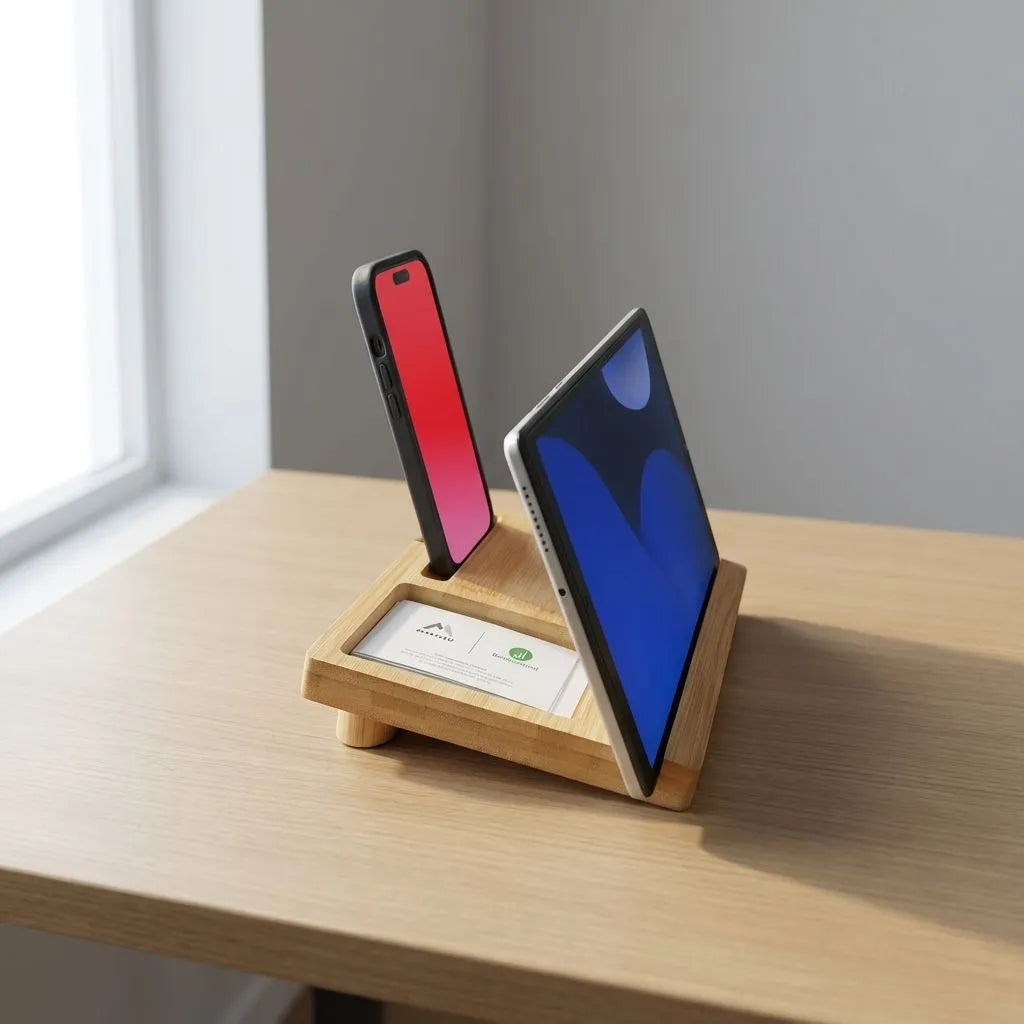 Bamboo phone and tablet stand with smartphone and tablet on a wooden surface.