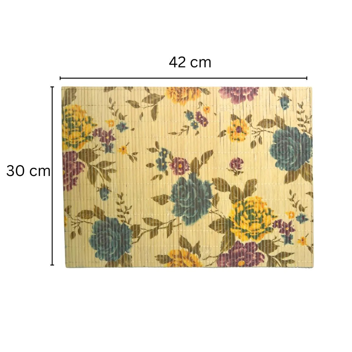 Floral-patterned bamboo placemat mat with dimensions 30 cm x 42 cm on a white background