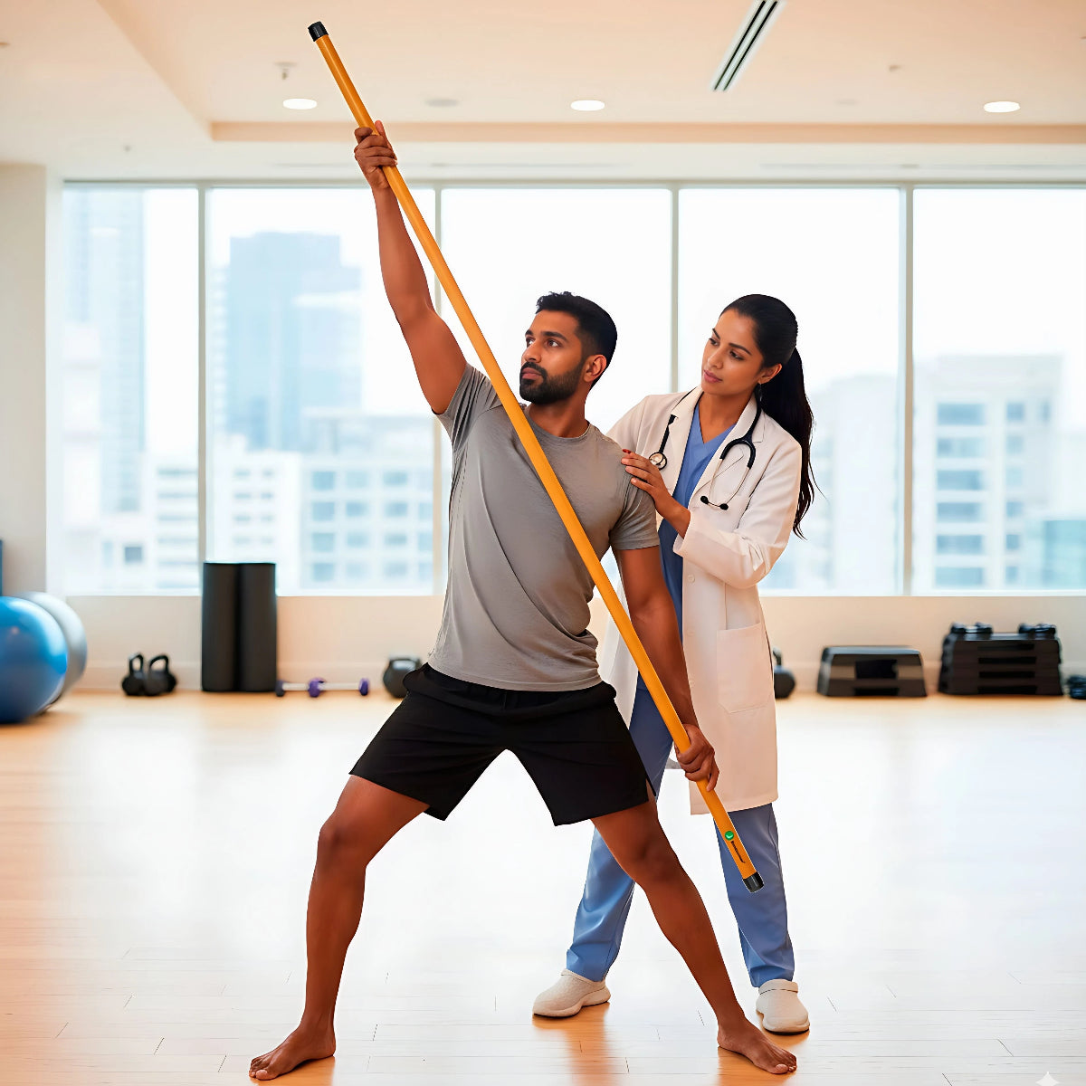 Physiotherapist assisting a patient with a bamboo fitness stick in a clinical setting
