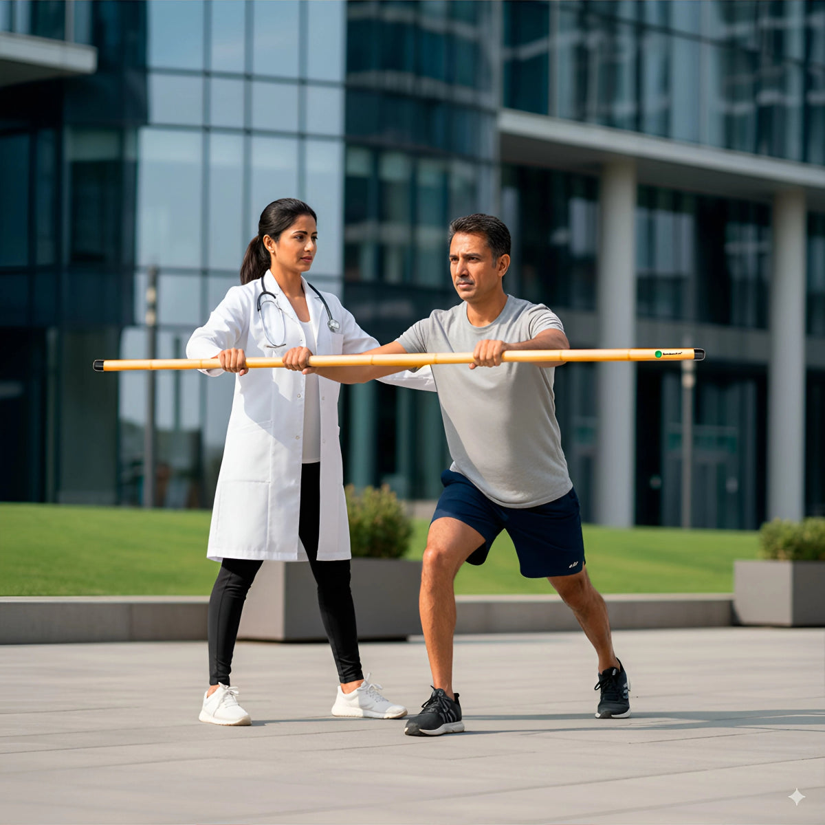 Physiotherapist and patient exercising outdoors in front of a modern building with a bamboo stick