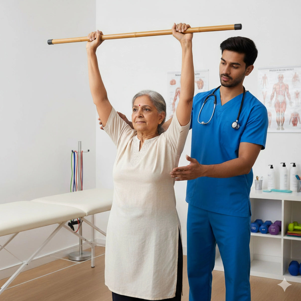 Physiotherapist assisting an elderly patient with a bamboo fitness stick in a clinic setting.