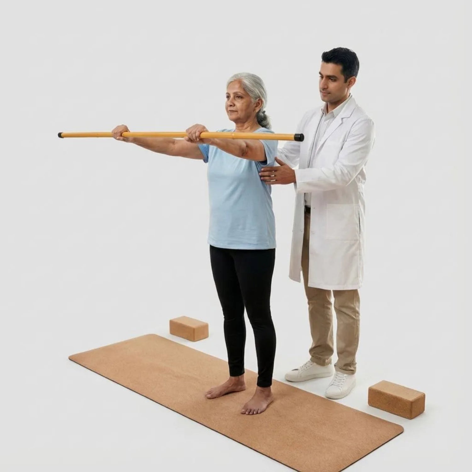 Physiotherapist assisting a patient with a bamboo stick on a white background