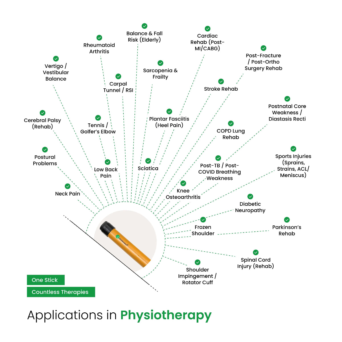 Diagram of applications in physiotherapy with a bamboo stick at the center on a white background.