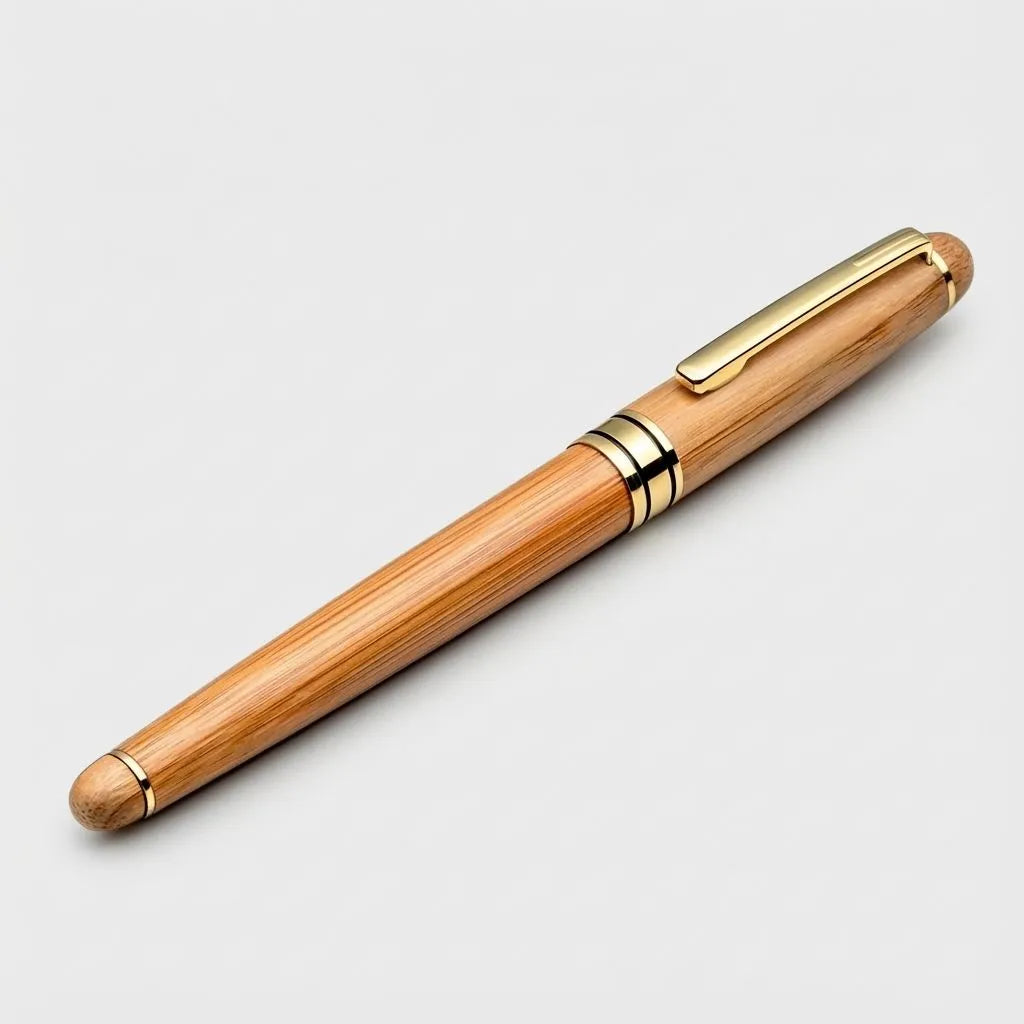 Bamboo pen with gold accents on a light gray background