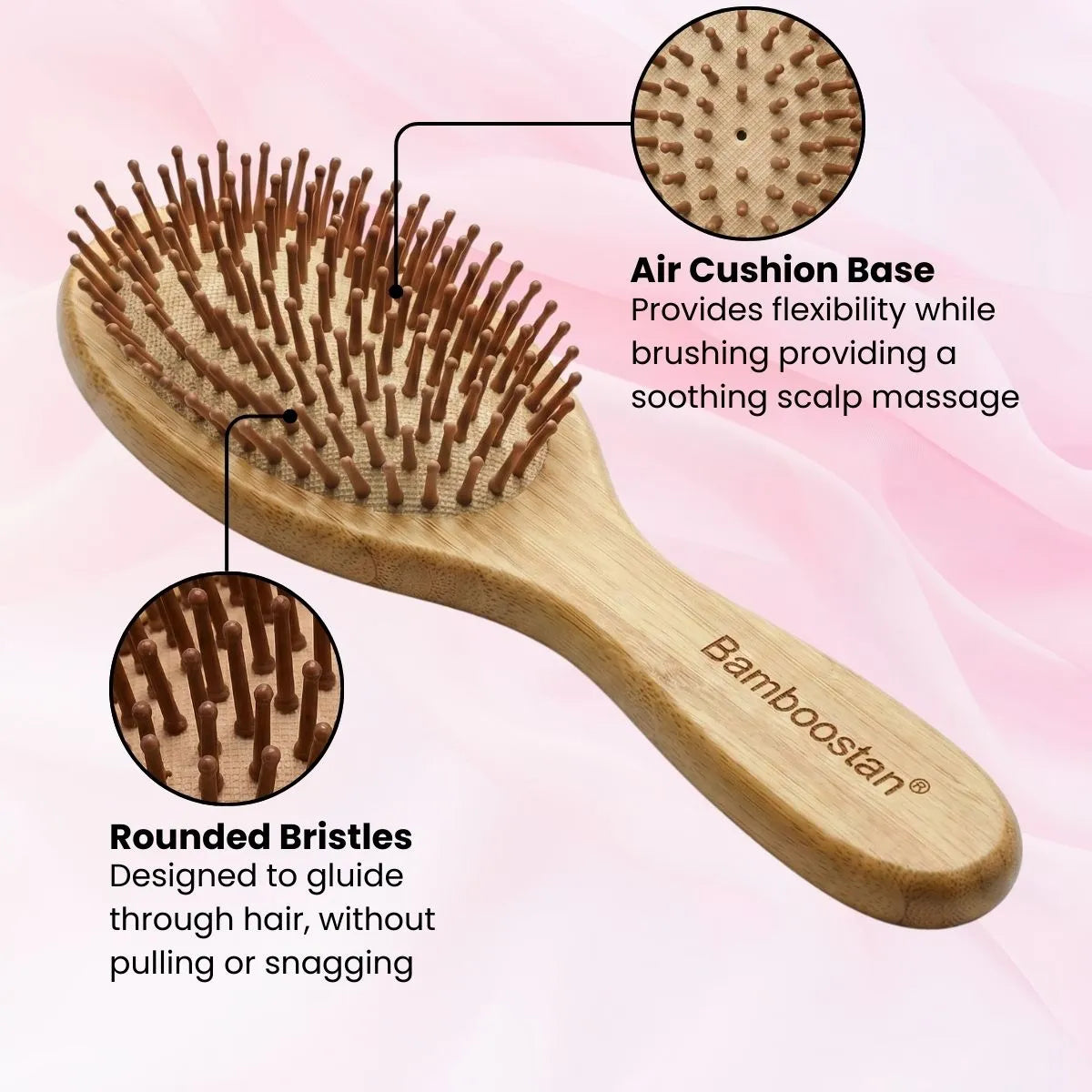 Bamboo Oval Hairbrush with air cushion base and rounded bristles for gentle detangling and scalp massage.