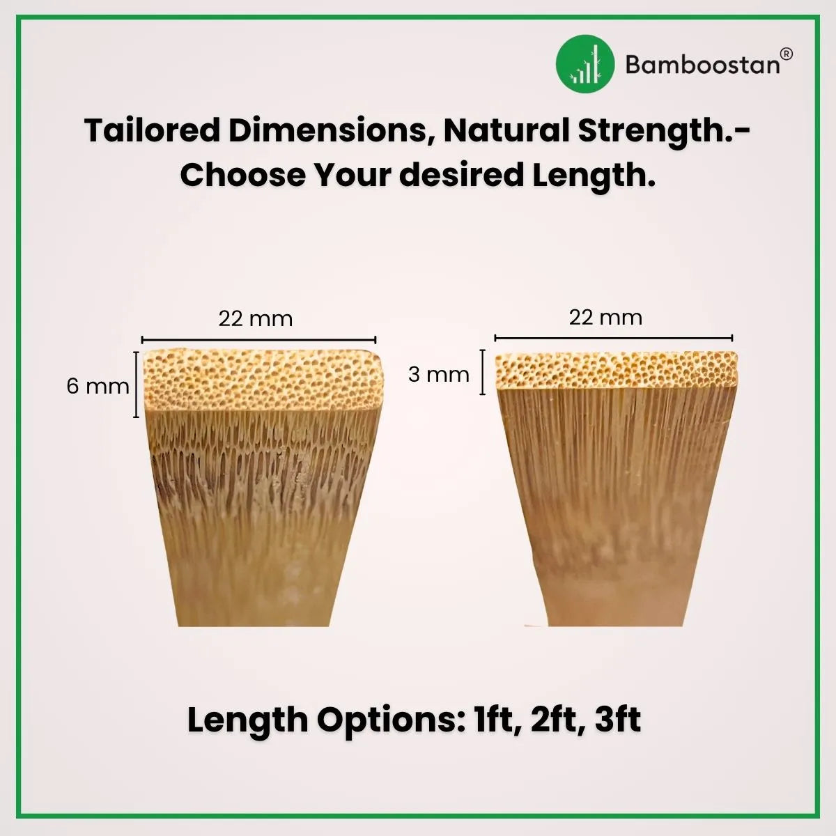 Bamboo slats with dimensions and length options on a light background