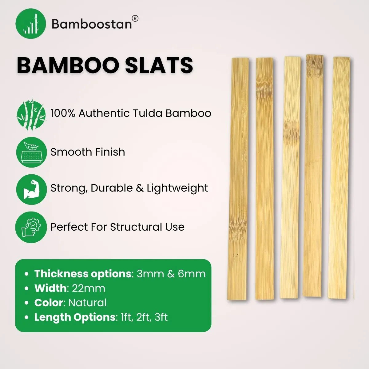 Bamboo slats with product features and specifications on a light gray background