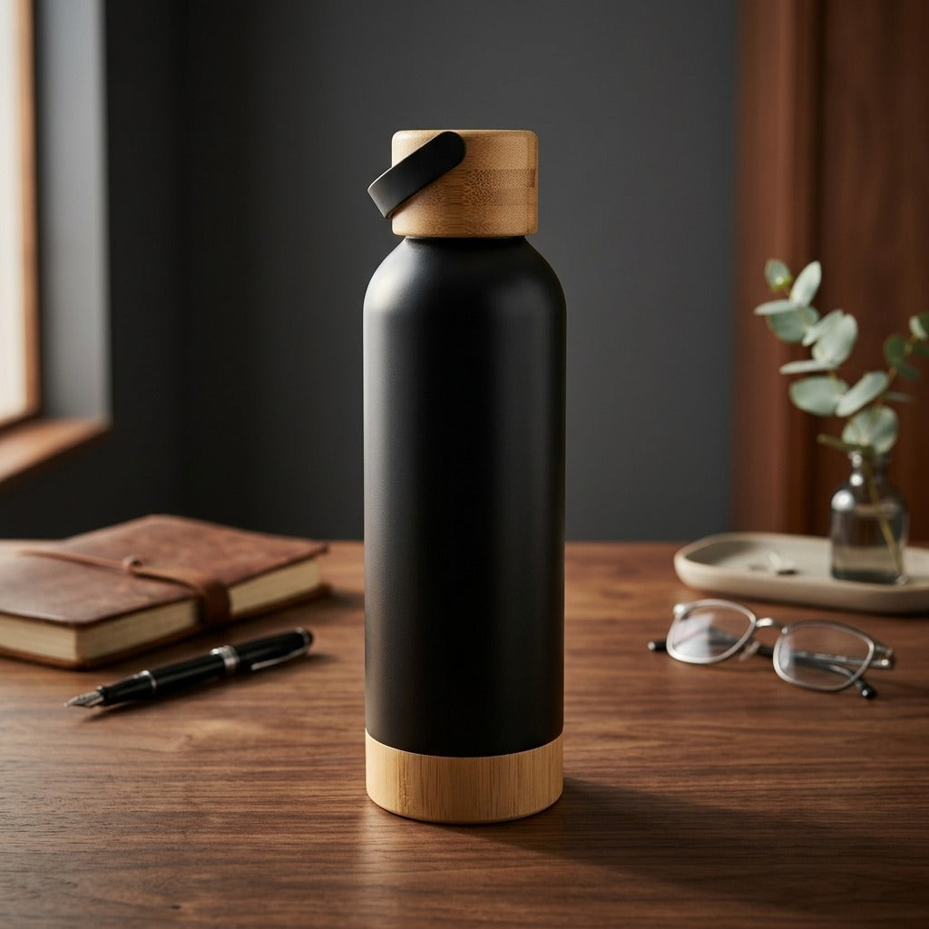 Bamboo Steel Water Bottle on a wooden desk beside a notebook, glasses and eucalyptus