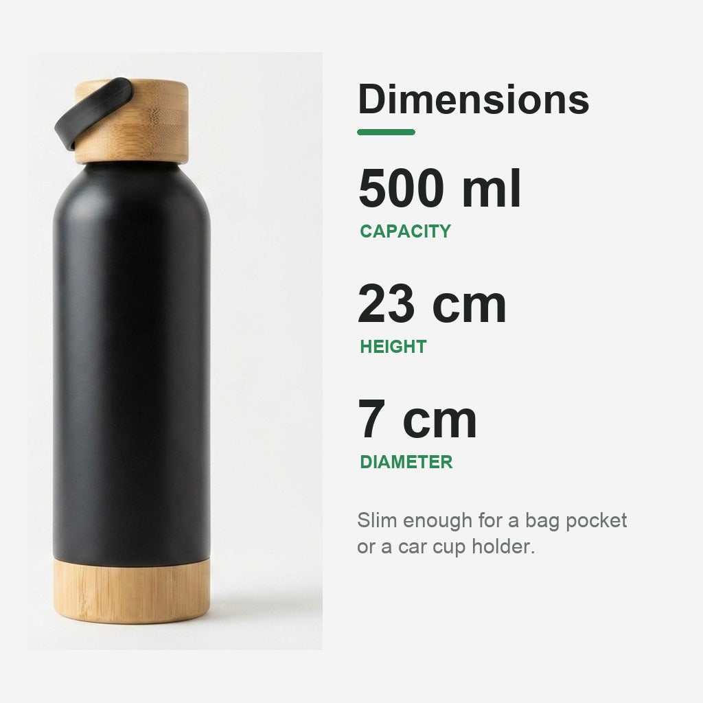 Bamboo Steel Water Bottle dimensions — 500 ml capacity, 23 cm tall, 7 cm diameter