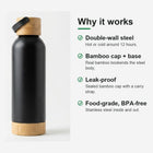 Bamboo Steel Water Bottle features — double-wall stainless steel body, real bamboo cap and base, leak-proof, around 12 hours hot or cold