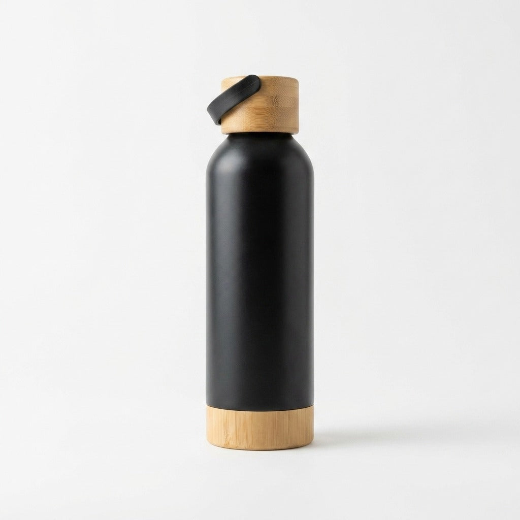 Bamboo Steel Water Bottle in matte black with a bamboo cap and bamboo base, standing on a white background