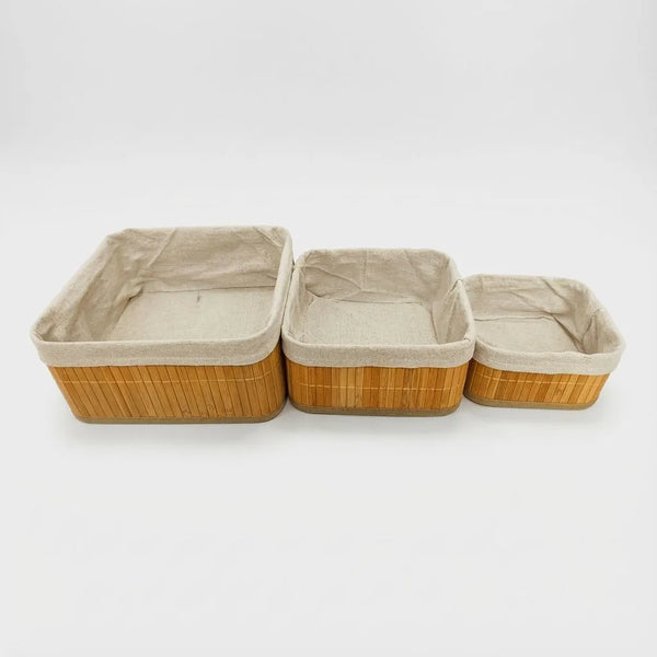 3-Piece Multi Size Bamboo Storage Basket Set showcasing natural bamboo and soft cloth lining for eco-friendly organization.