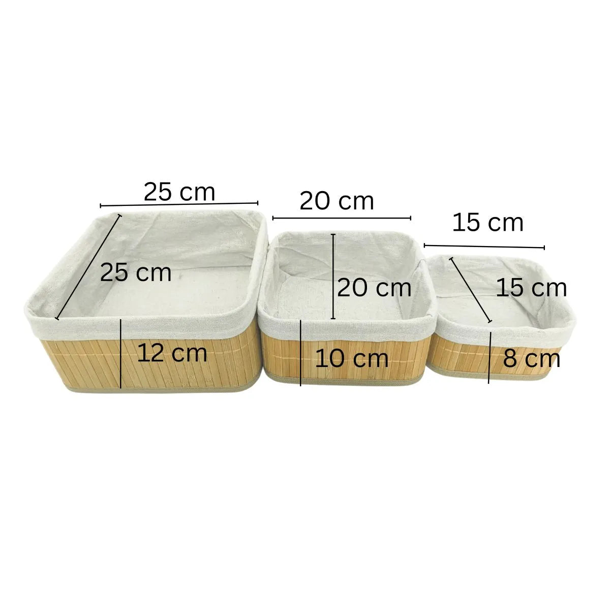 Set of three wooden baskets with dimensions labeled on a white background