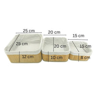 3-Piece Multi Size Bamboo Storage Basket Set displaying measurements for effective organization.