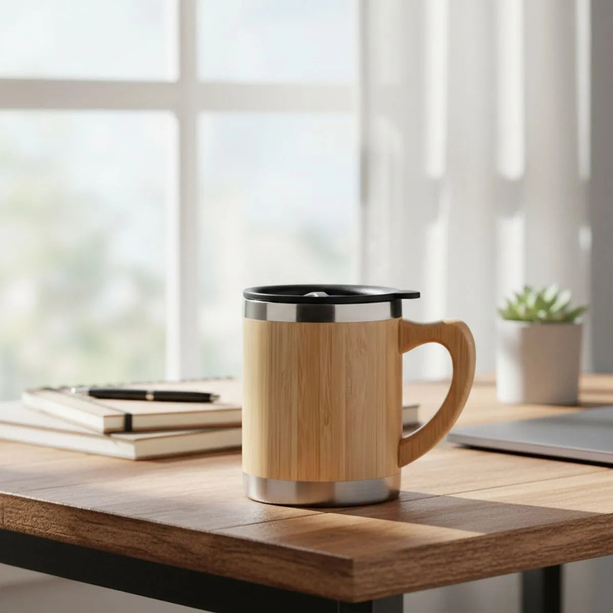 Bamboo Travel Coffee Mug on a wooden table near a window with a plant in the background.