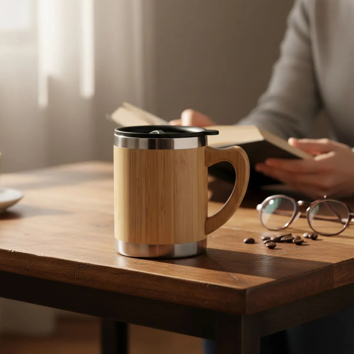 Bamboo Thermos Mug - 350 ml on a table with coffee beans, ideal for enjoying your beverages. Bamboo Travel Coffee Mug.