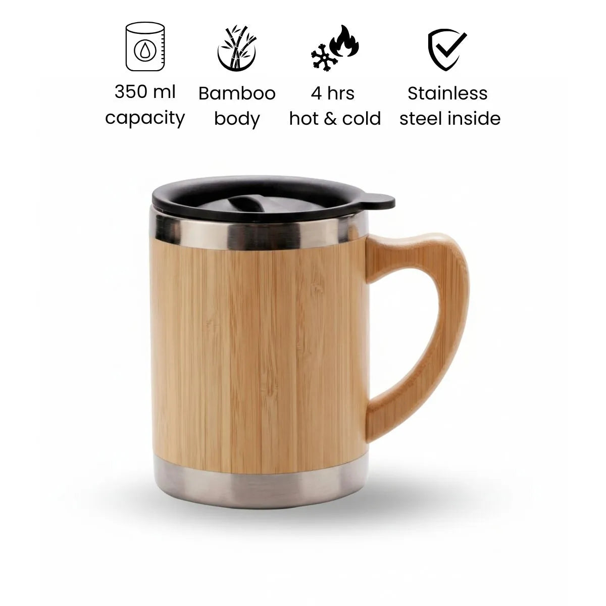 Bamboo Travel Coffee Mug with 350 ml capacity, bamboo body, and stainless steel inside for hot or cold beverages.