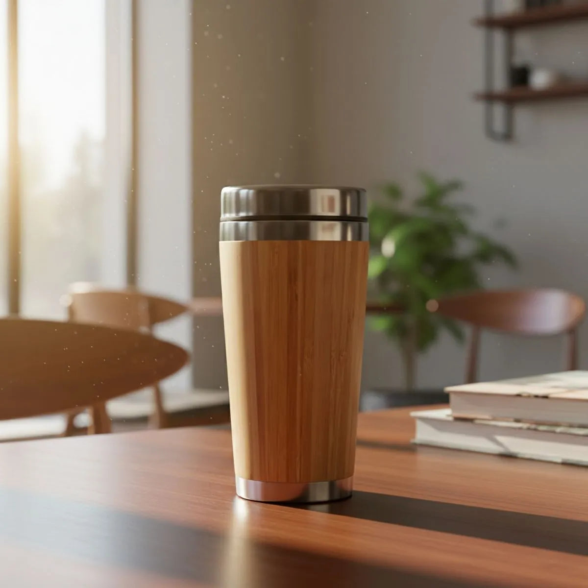 Bamboo Insulated Travel Mug on table with natural light, perfect for coffee and tea on the go.