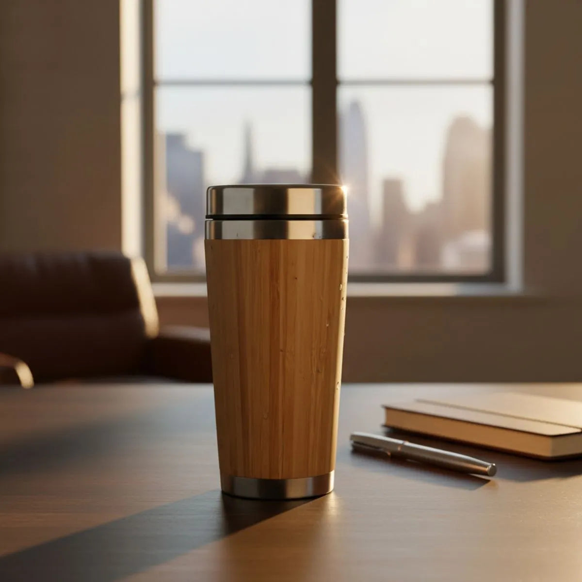 Bamboo Insulated Travel Mug placed on a table with a cityscape view in the background, showcasing its stylish design.