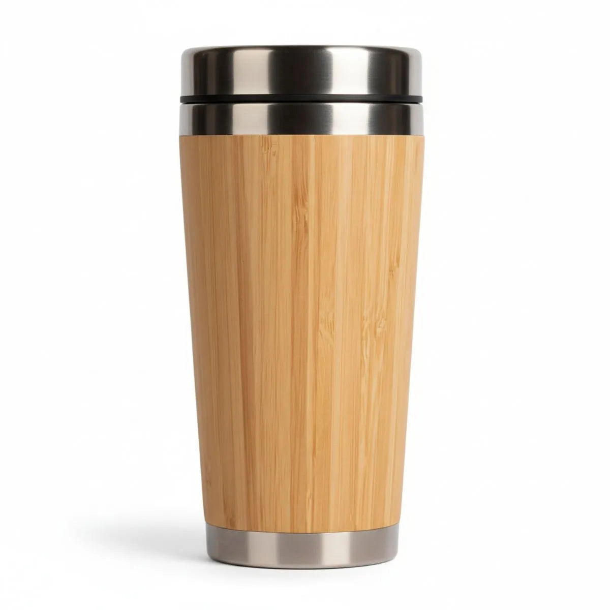 Bamboo Insulated Travel Mug - 400 ml with a sleek bamboo exterior and stainless steel lid for travel.