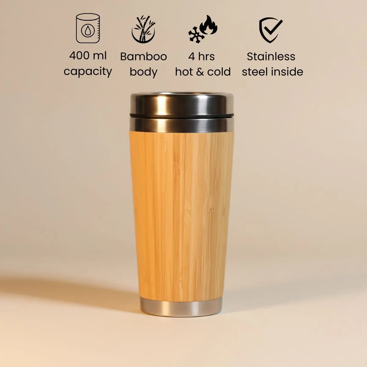 Bamboo Insulated Travel Mug with a 400 ml capacity, bamboo body, and stainless steel inside for hot and cold beverages.