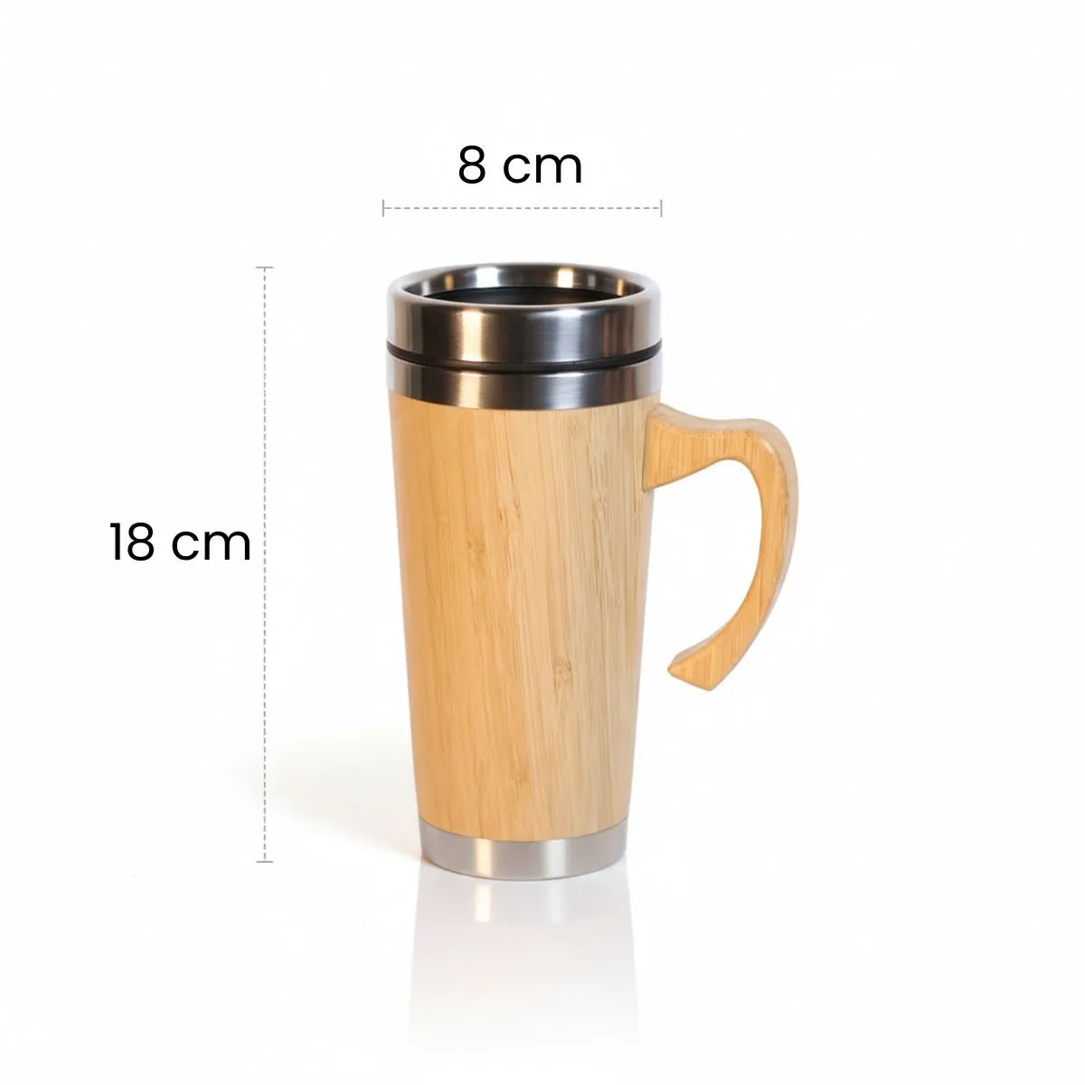Bamboo Insulated Travel Mug - 400 ml with Handle, features a bamboo exterior and stainless-steel inner wall, dimensions 8 cm x 18 cm.