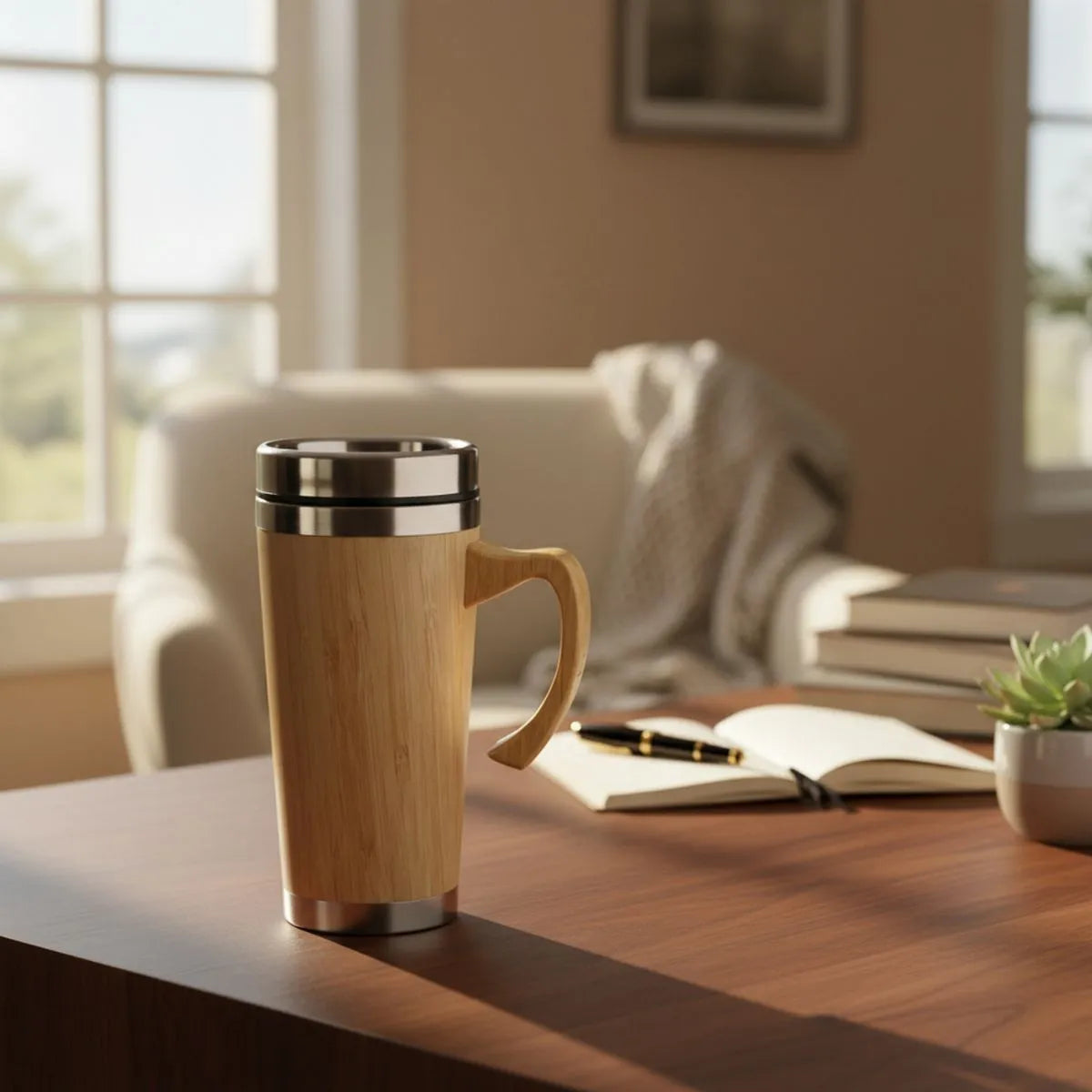 Bamboo Insulated Travel Mug on a wooden desk with books and a plant in a cozy home office setting.