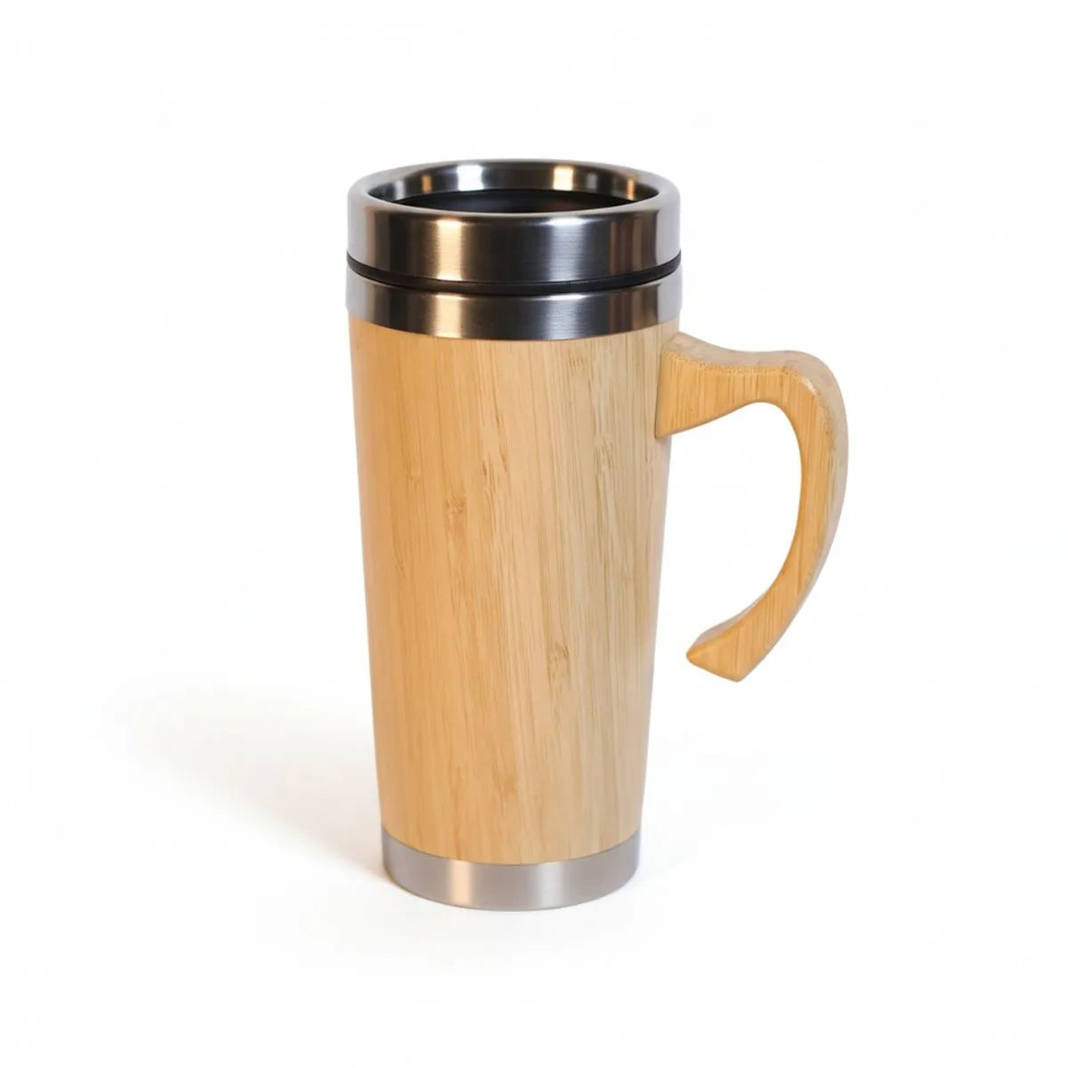 Bamboo Insulated Travel Mug - 400 ml with handle, featuring a bamboo exterior and stainless steel inner wall.