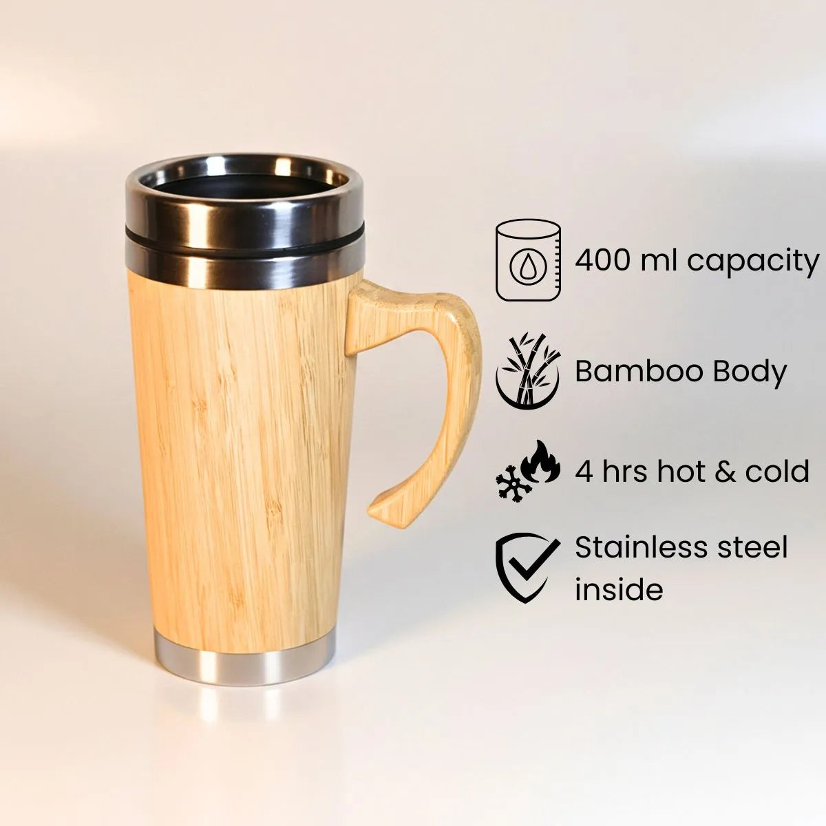 Bamboo Insulated Travel Mug - 400 ml capacity with bamboo body and stainless steel inner for hot and cold drinks.