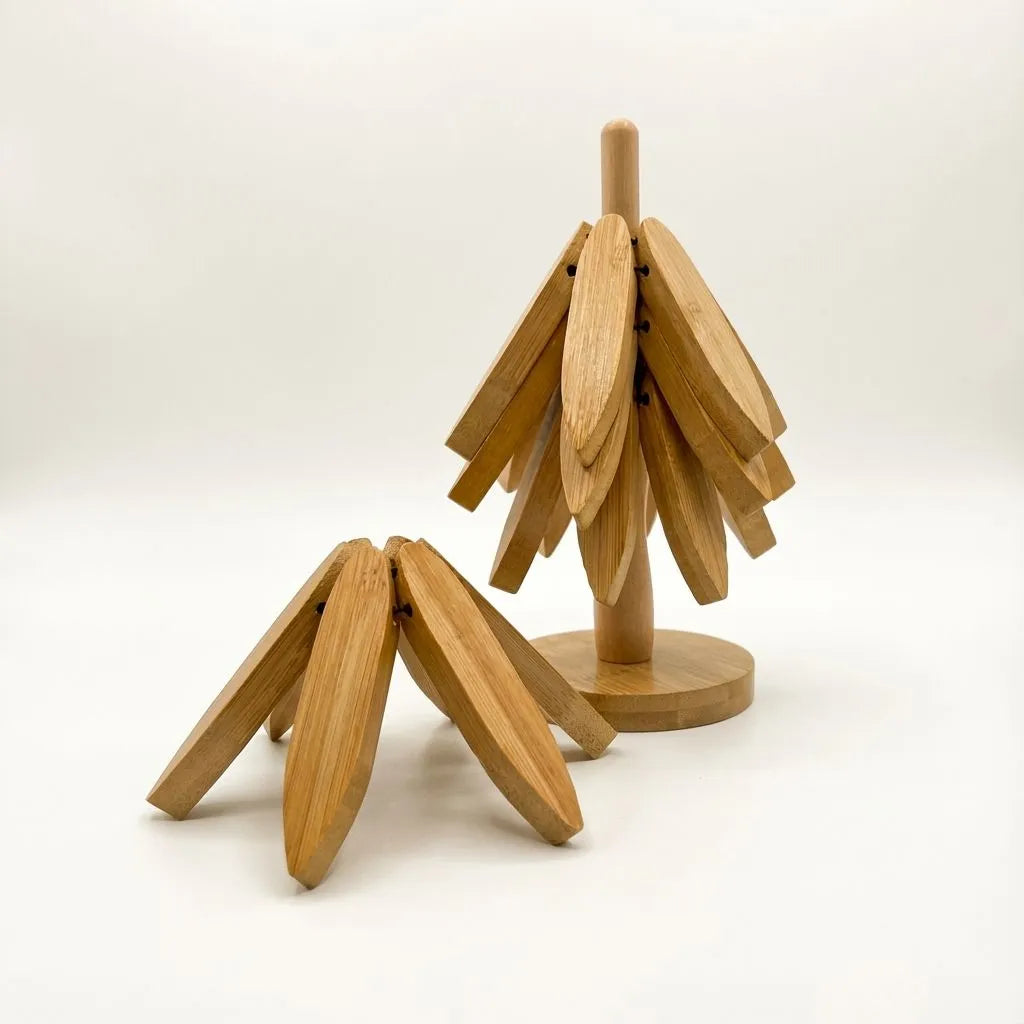Bamboo Trivet Set featuring tree-shaped coasters made from sustainable bamboo for eco-friendly table protection.