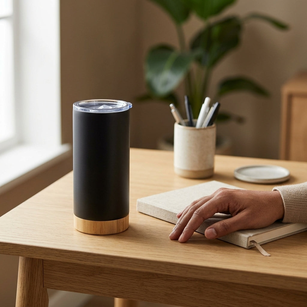 Bamboo Tumbler on a wooden desk beside a notebook — desk-grounded daily use