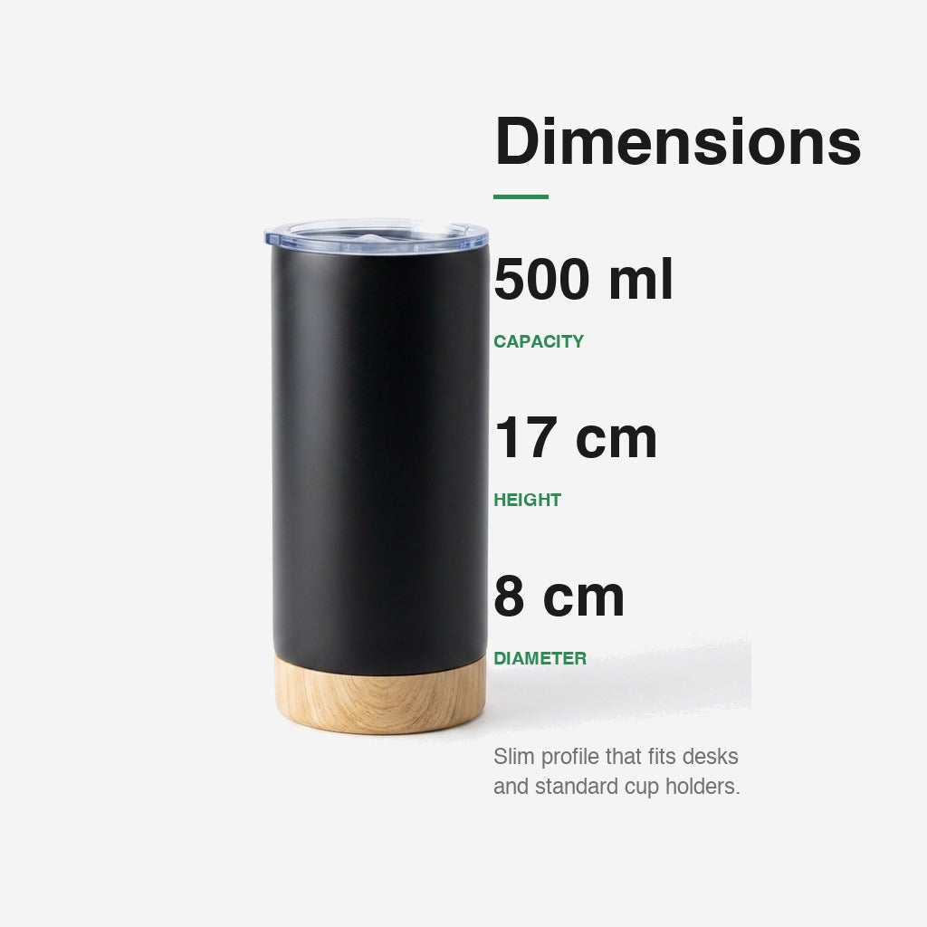 Bamboo Tumbler dimensions — 500 ml capacity, 17 cm height, 8 cm diameter