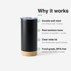 Bamboo Tumbler features — double-wall steel, real bamboo base, clear slide lid, food-grade BPA-free