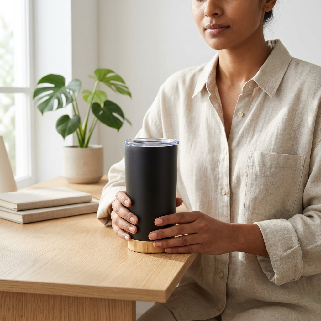 Bamboo Tumbler held in both hands — shows scale and bamboo base detail