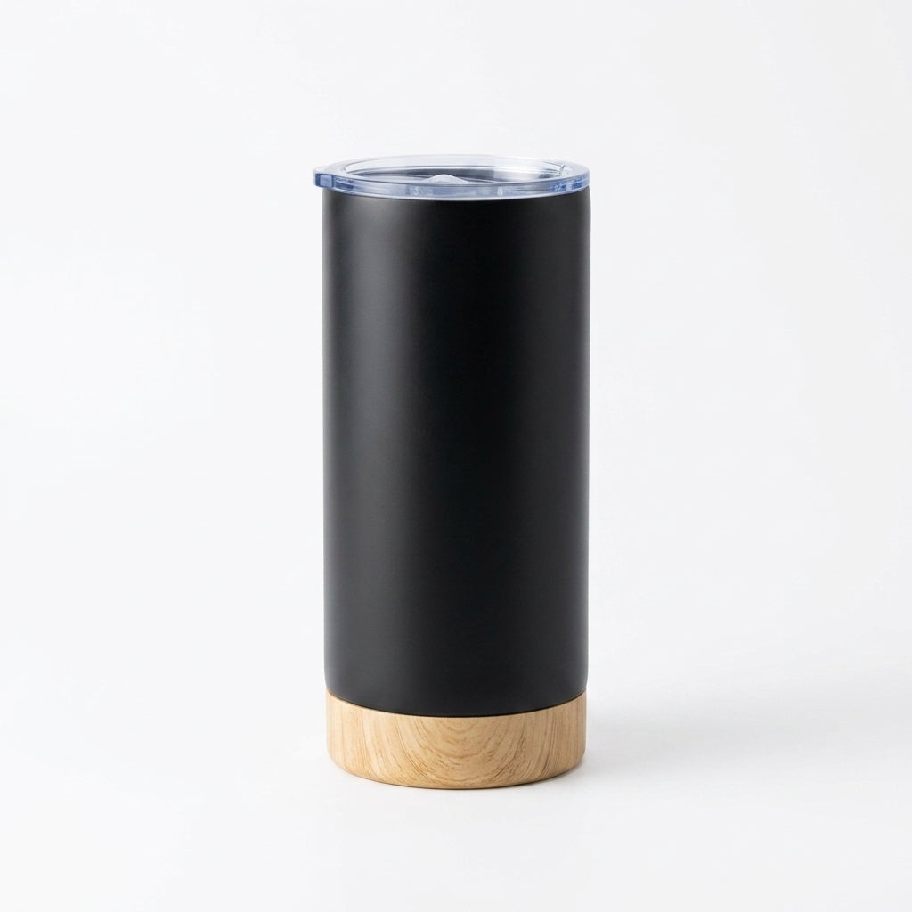 Bamboo Tumbler — matte black stainless steel with bamboo base, clear slide lid, 500 ml
