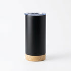 Bamboo Tumbler — matte black stainless steel with bamboo base, clear slide lid, 500 ml