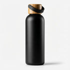 Black reusable Water Bottle 500ml with a natural wooden lid and strap, designed for everyday comfort and convenience.