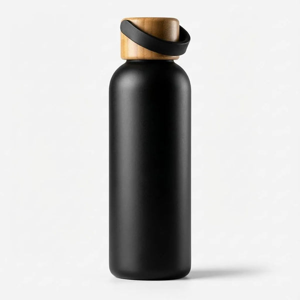 Black reusable Water Bottle 500ml with a natural wooden lid and strap, designed for everyday comfort and convenience.